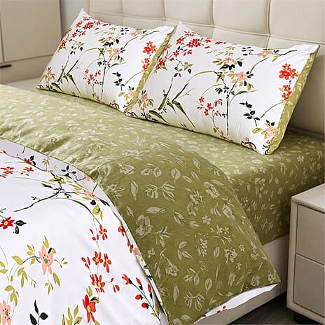 LIVMORE Set of 4 Floral Print Reversible Duvet Cover Set (King) - White