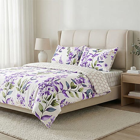 LIVMORE Set of 4 Floral Print Reversible Duvet Cover Set (King) - Purple & White