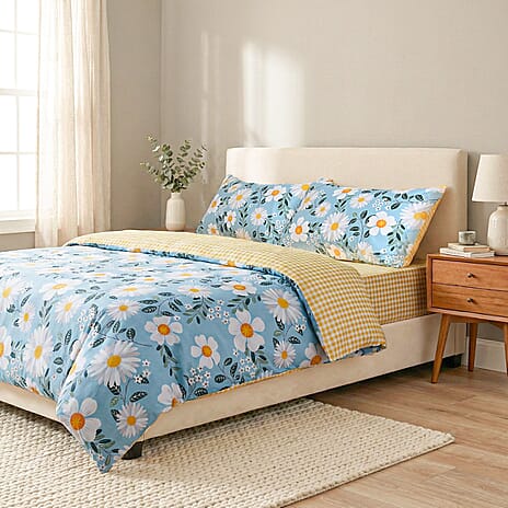 LIVMORE Set of 4 Floral Print Reversible Duvet Cover Set (Double) - Blue