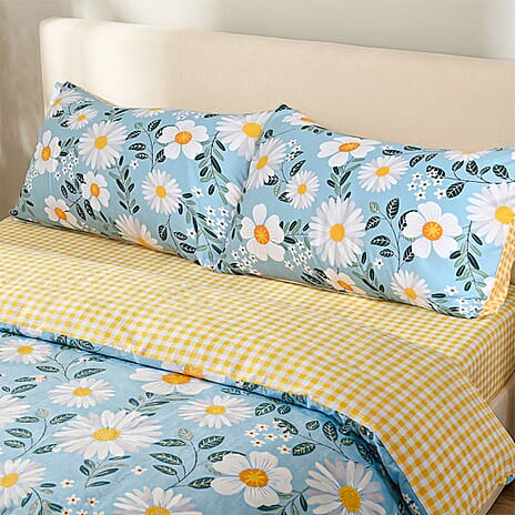 LIVMORE Set of 4 Floral Print Reversible Duvet Cover Set (King) - Blue