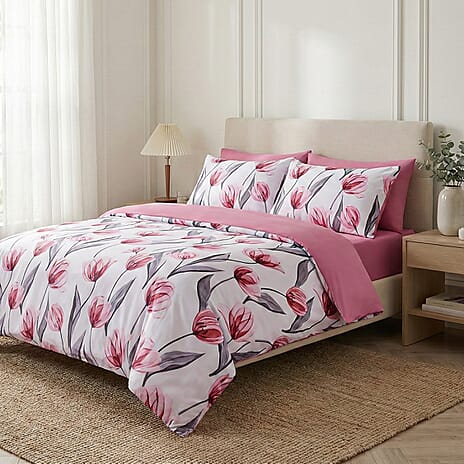 LIVMORE Set of 4 Floral Print Reversible Duvet Cover Set (Double) - Pink & Grey