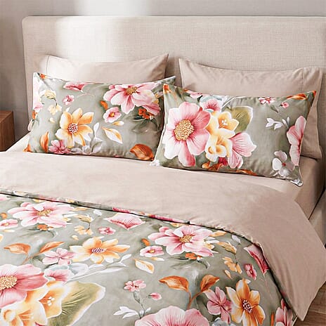LIVMORE Set of 4 Floral Print Reversible Duvet Cover Set (Double) - Green & Pink
