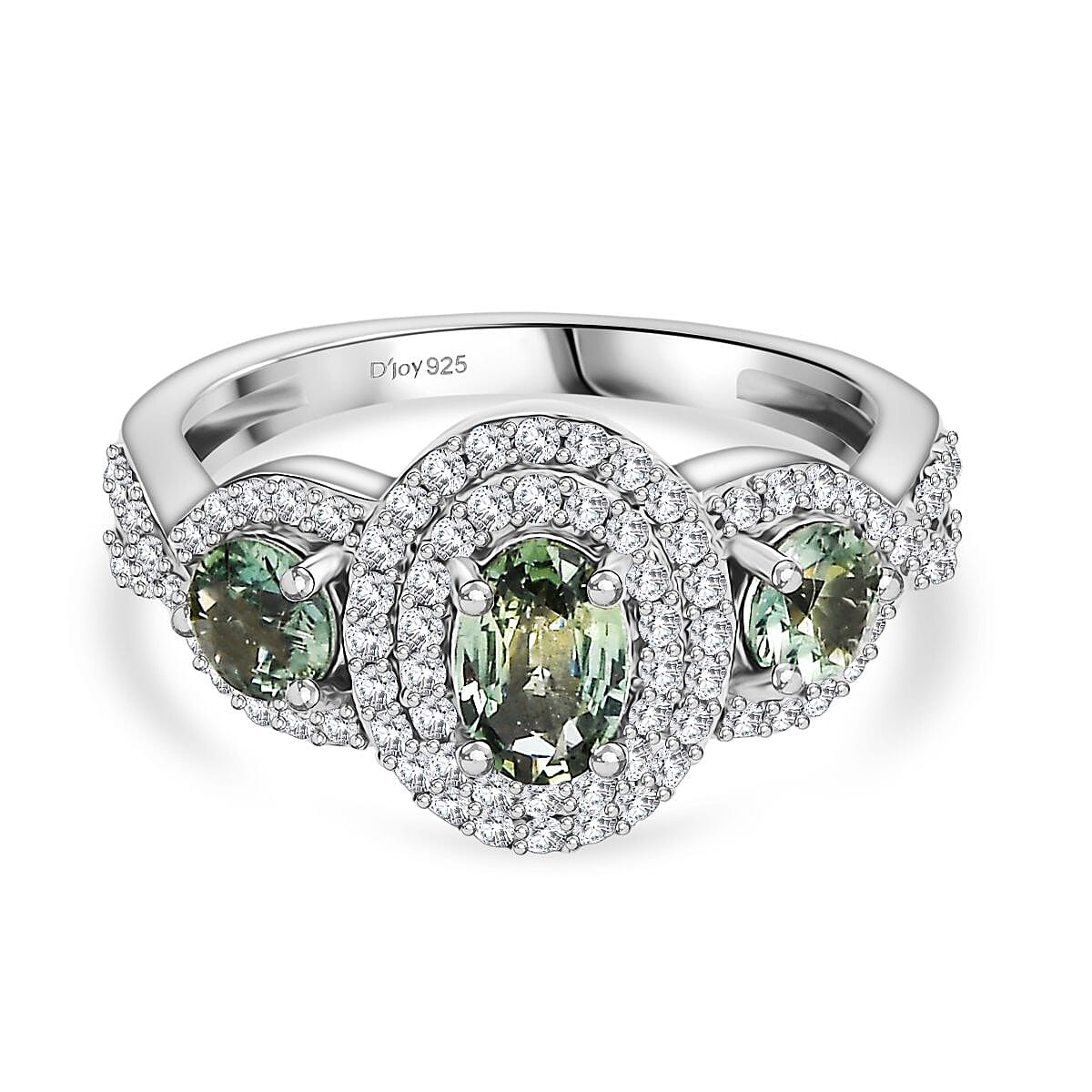 D'Joy Australian Sapphire & Moissanite 3 Stone Ring in Rhodium Overlay Sterling Silver 1.58 Ct.