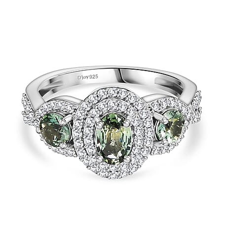 D'Joy Australian Sapphire & Moissanite 3 Stone Ring in Rhodium Overlay Sterling Silver 1.58 Ct.