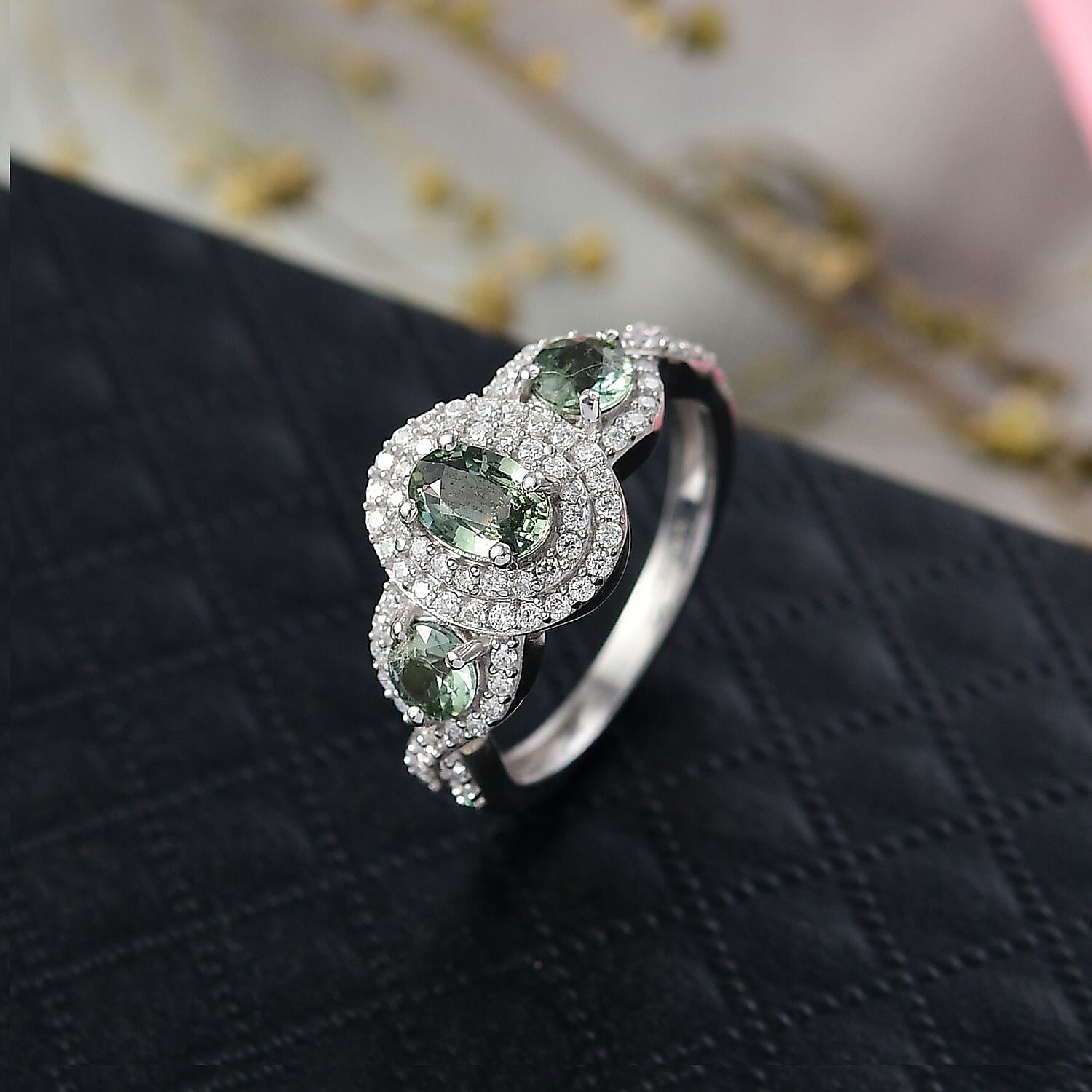 D'Joy Australian Sapphire & Moissanite 3 Stone Ring in Rhodium Overlay Sterling Silver 1.58 Ct.