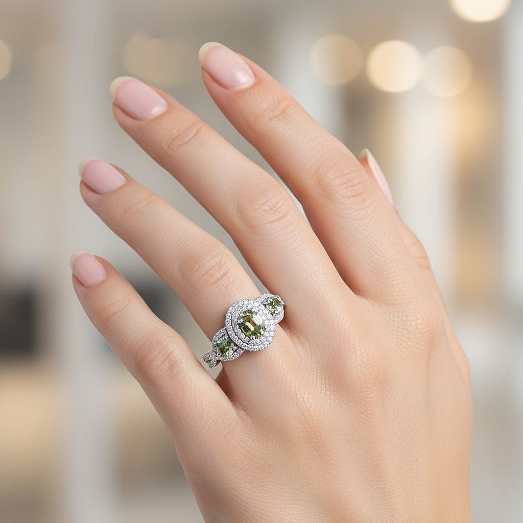 D'Joy Australian Sapphire & Moissanite 3 Stone Ring in Rhodium Overlay Sterling Silver 1.58 Ct.