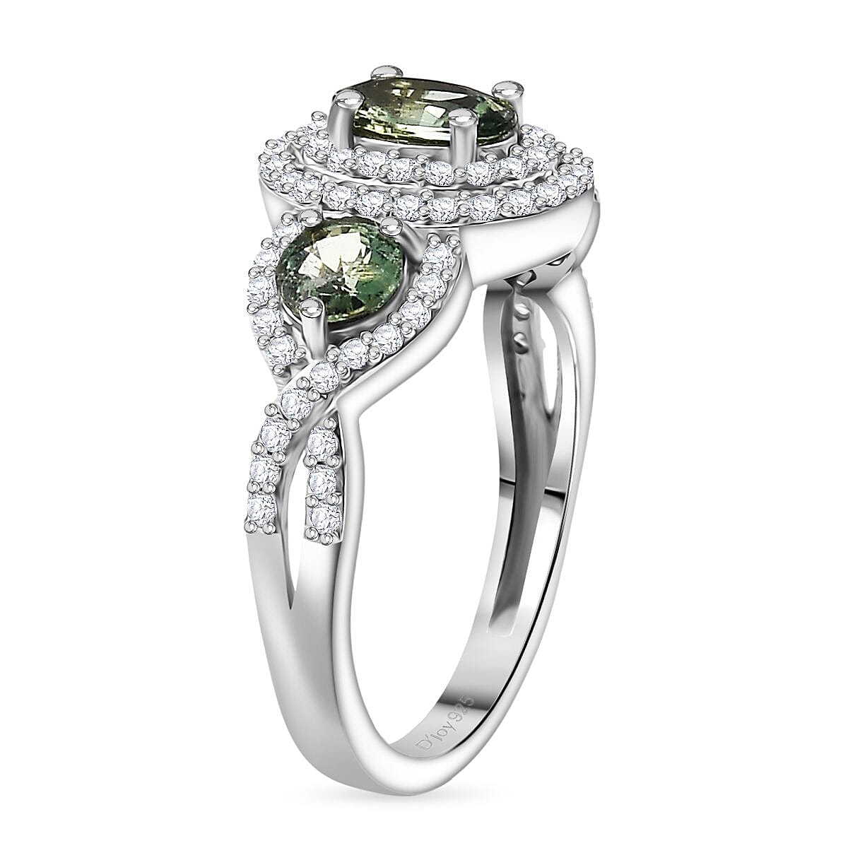 D'Joy Australian Sapphire & Moissanite 3 Stone Ring in Rhodium Overlay Sterling Silver 1.58 Ct.