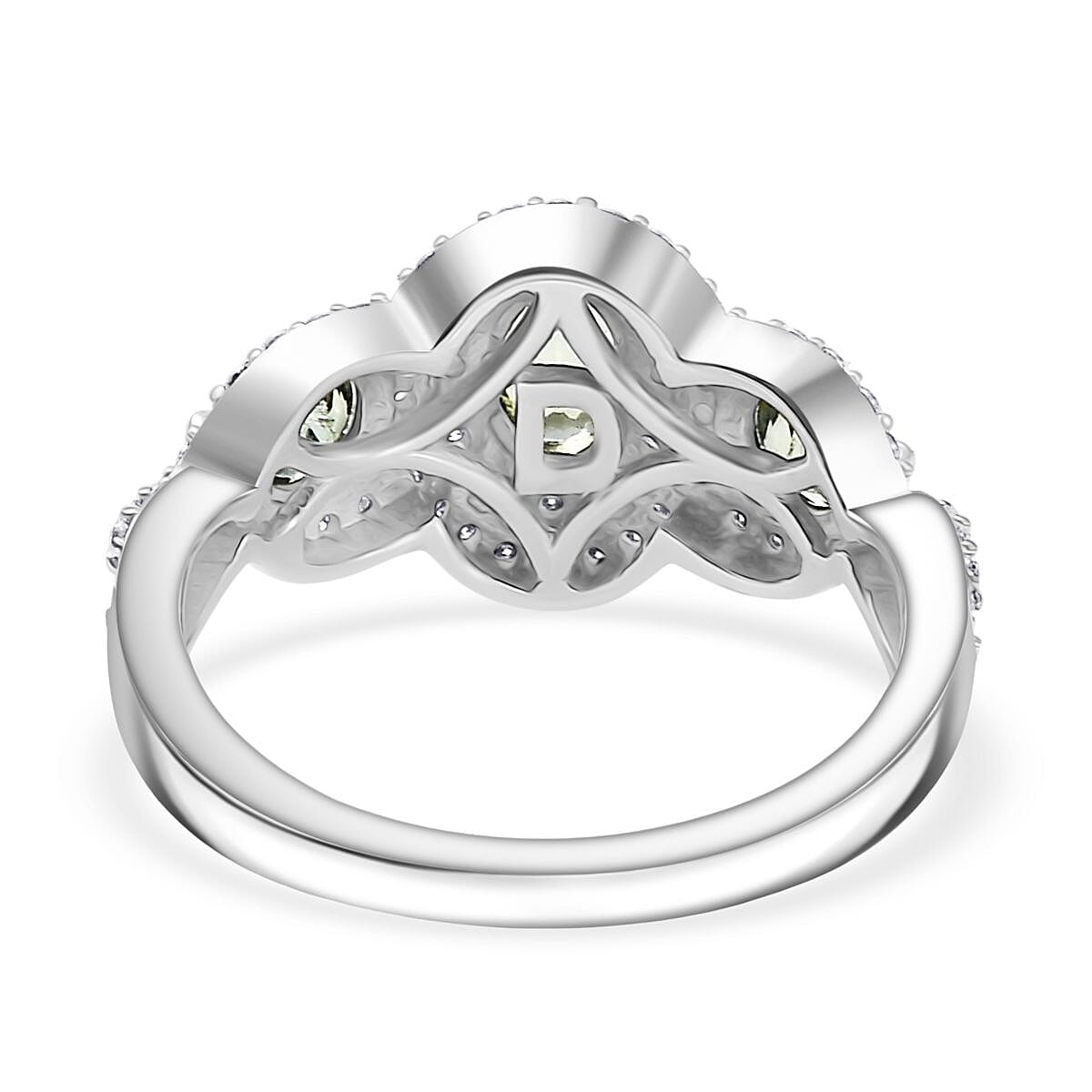 D'Joy Australian Sapphire & Moissanite 3 Stone Ring in Rhodium Overlay Sterling Silver 1.58 Ct.