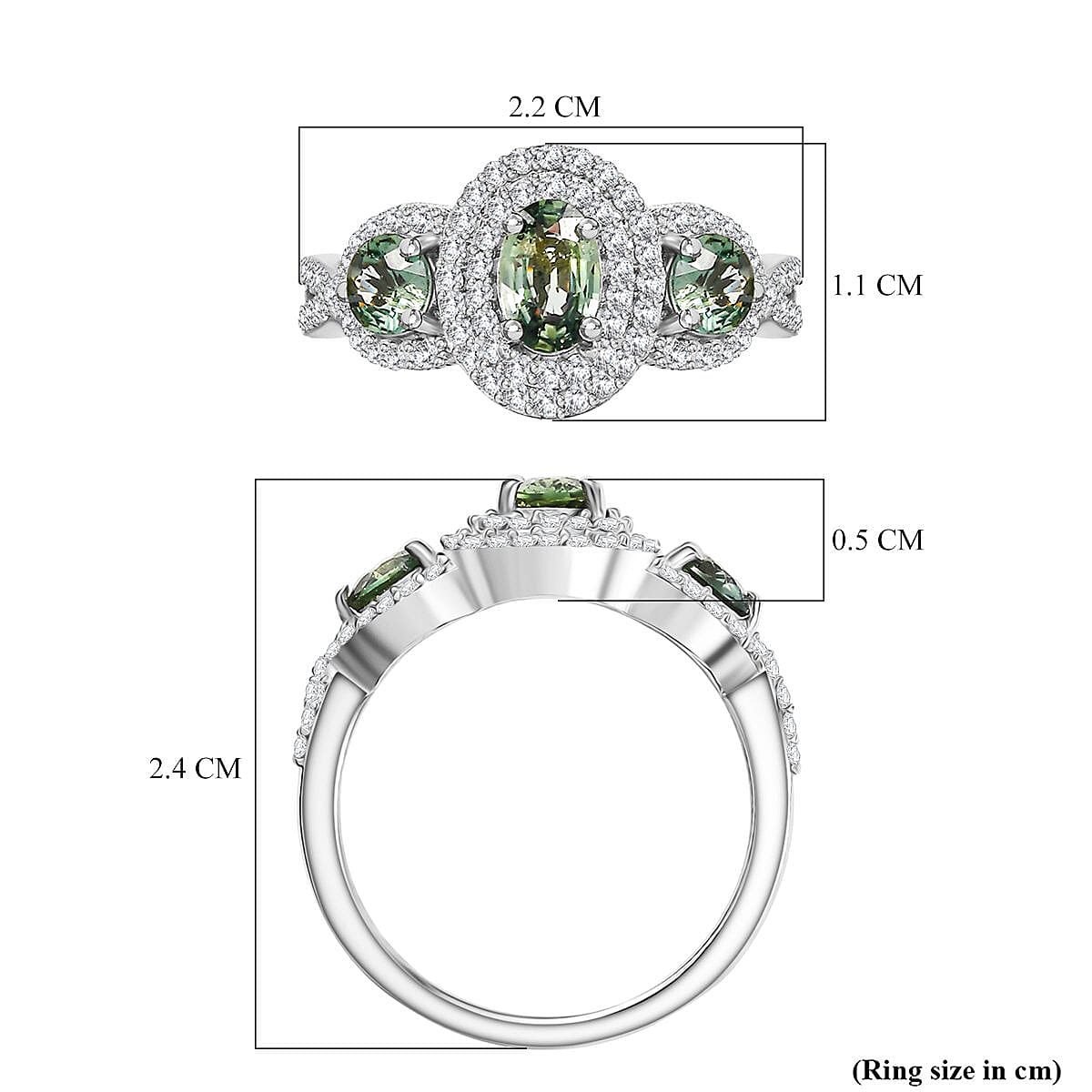 D'Joy Australian Sapphire & Moissanite 3 Stone Ring in Rhodium Overlay Sterling Silver 1.58 Ct.