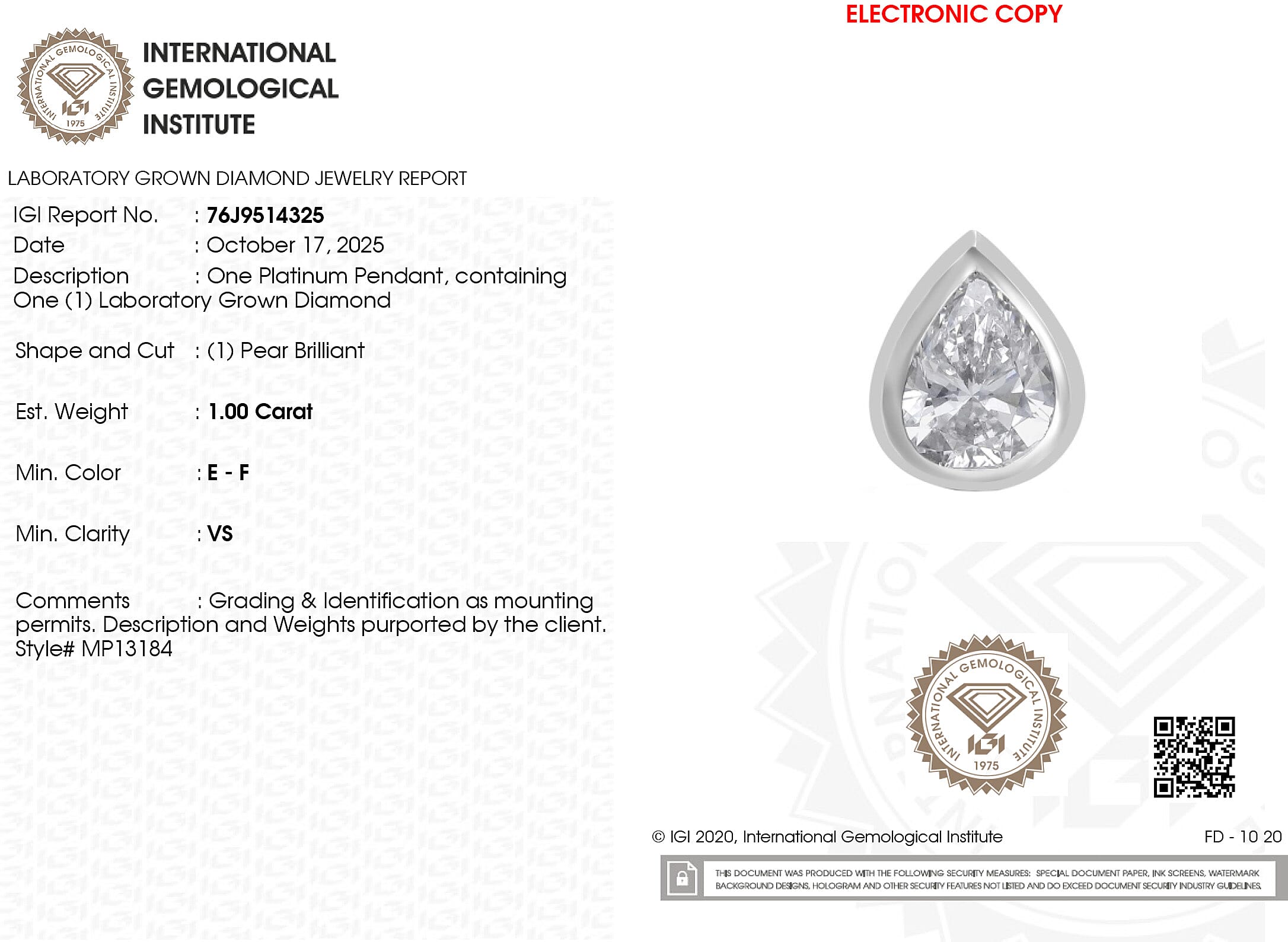 Luxuriant 950 Platinum IGI Certified Pear Cut Lab Grown Diamond (VS-EF) Pendant 1.00 Ct.