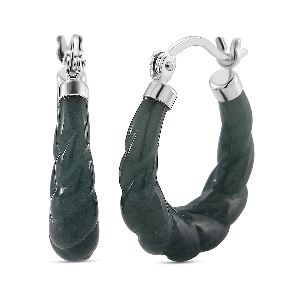 Natural Type A Jadeite Hoop Earring in Rhodium Overlay Sterling Silver 20.00 Ct.