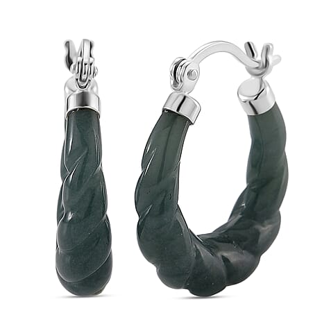 Natural Type A Jadeite Hoop Earring in Rhodium Overlay Sterling Silver 20.00 Ct.