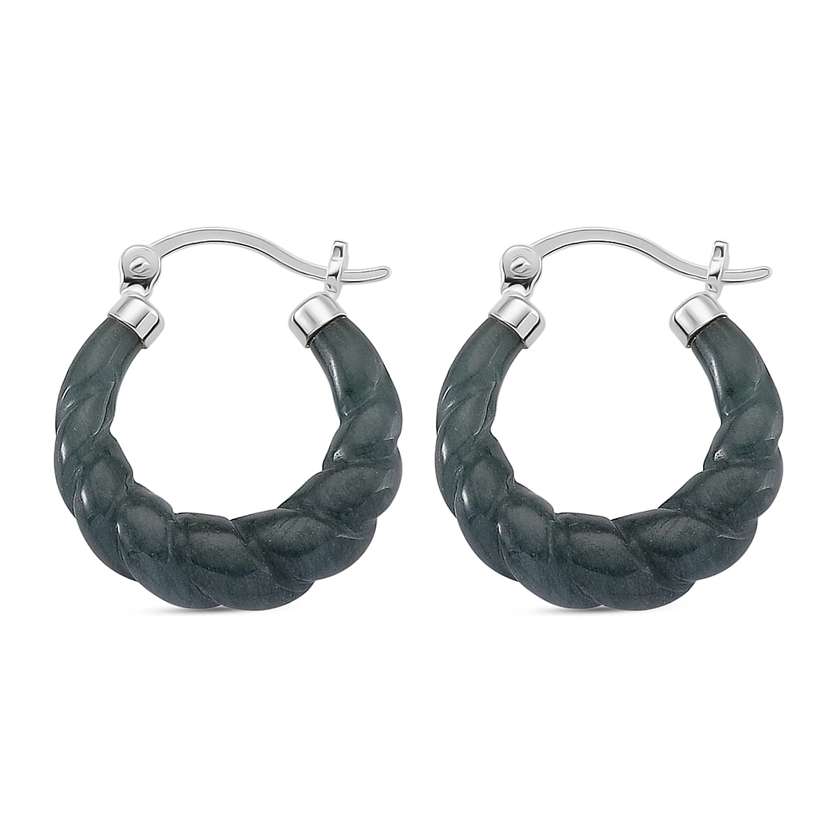 Natural Type A Jadeite Hoop Earring in Rhodium Overlay Sterling Silver 20.00 Ct.