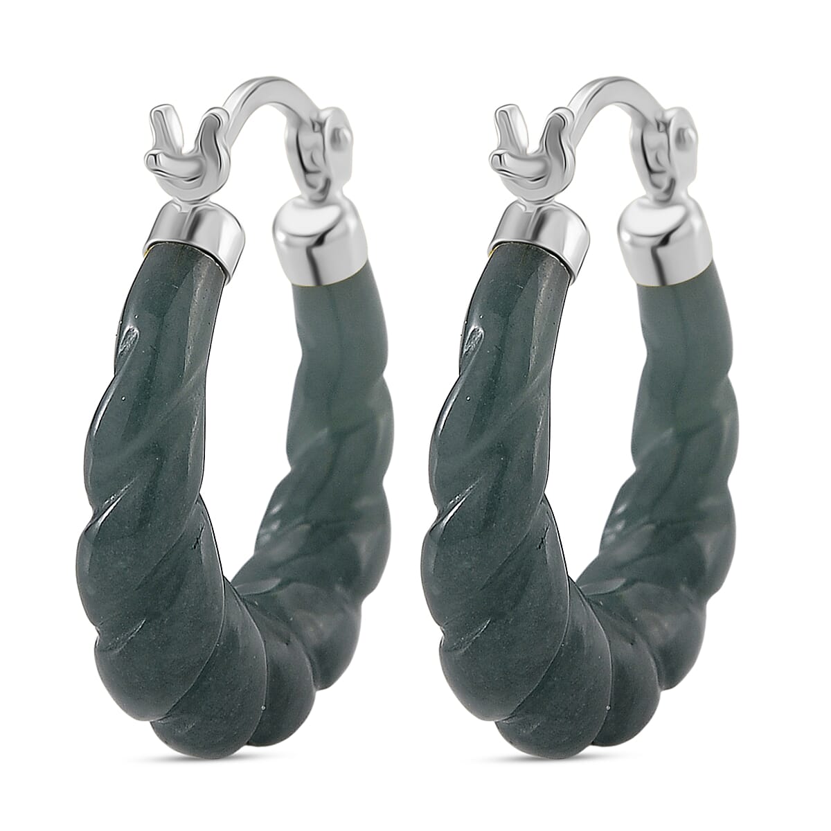 Natural Type A Jadeite Hoop Earring in Rhodium Overlay Sterling Silver 20.00 Ct.