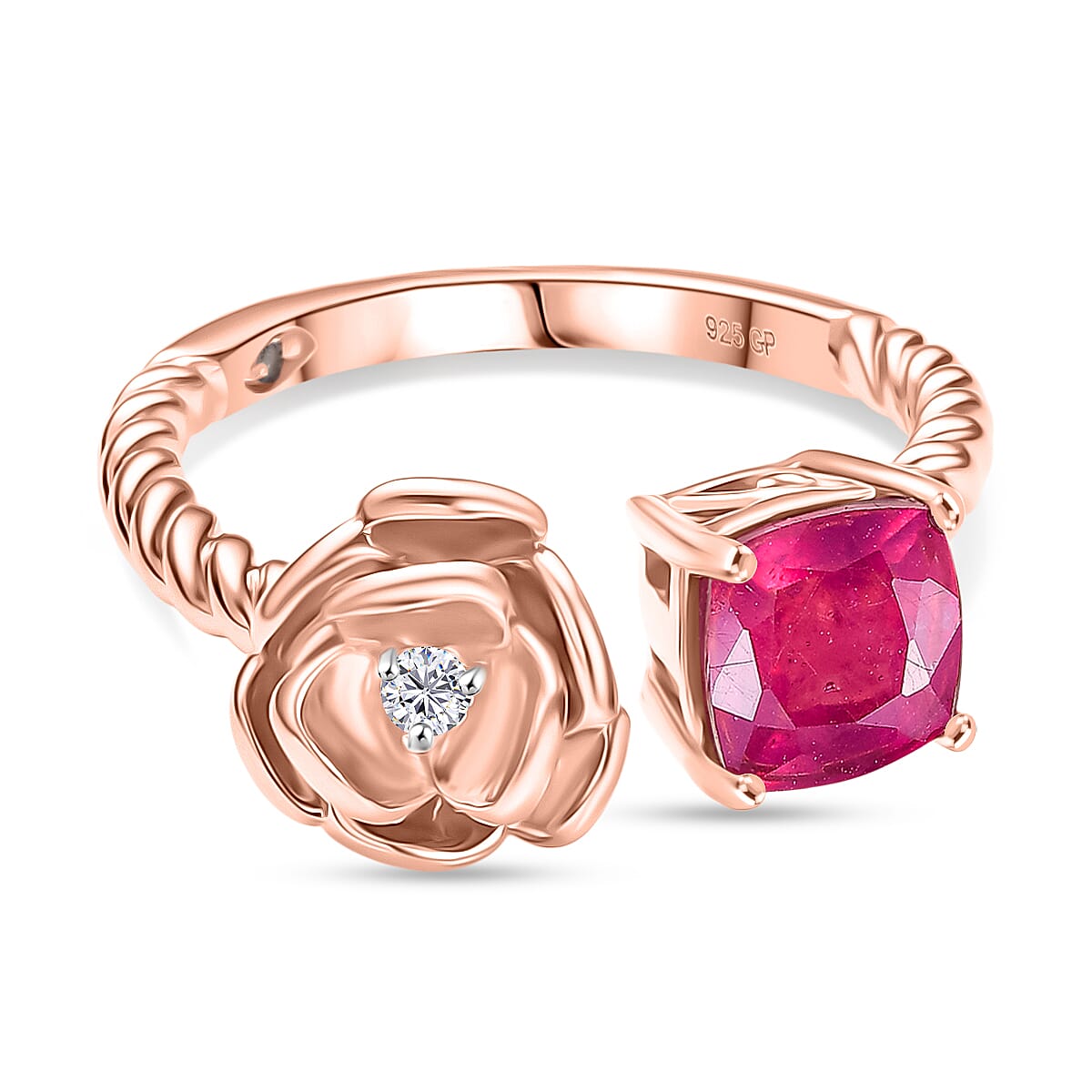 GP - Italian Garden Collection African Ruby, Blue Sapphire, White Zircon Ring in 18K Vermeil Rose Gold Plated Sterling Silver 1.74 Ct.