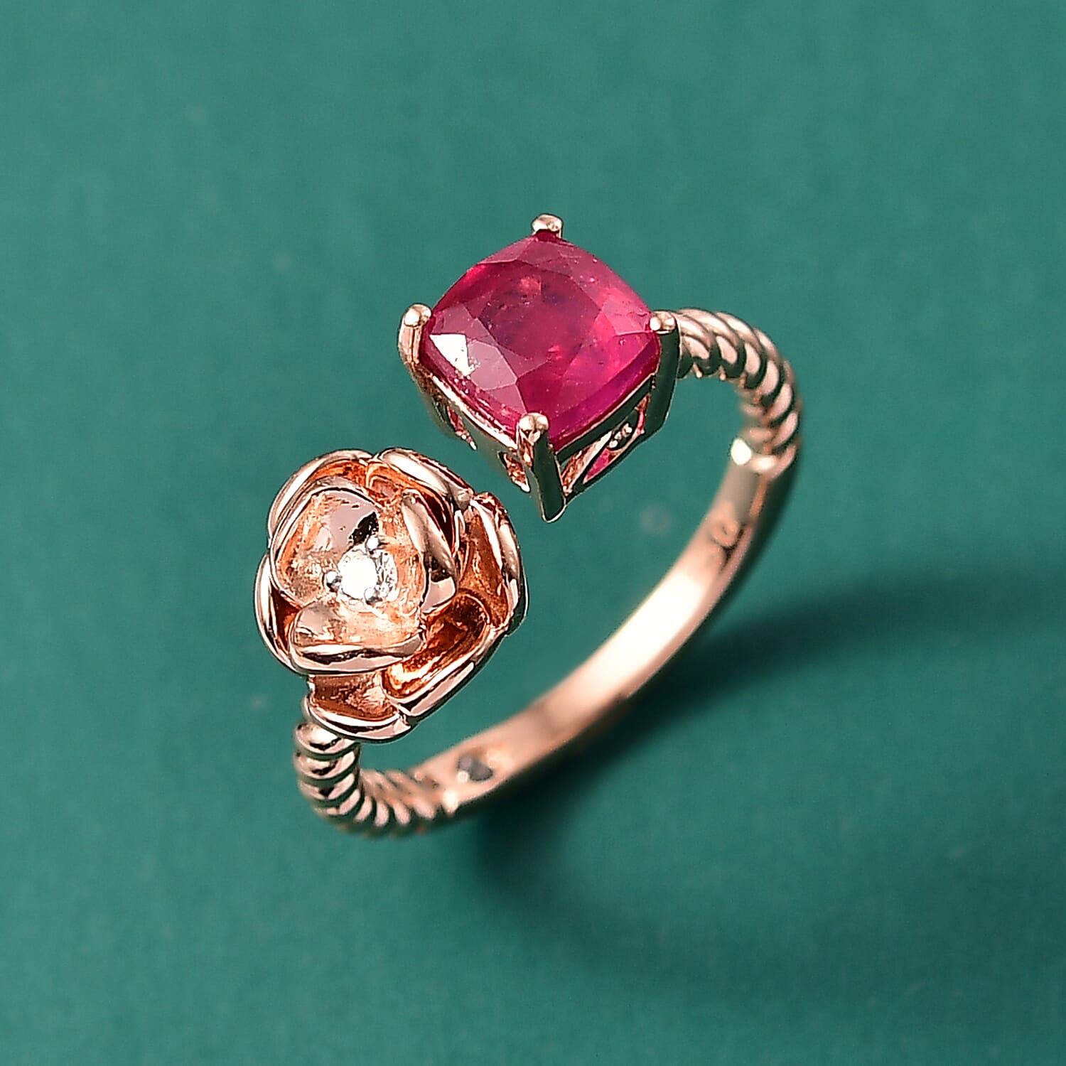 GP - Italian Garden Collection African Ruby, Blue Sapphire, White Zircon Ring in 18K Vermeil Rose Gold Plated Sterling Silver 1.74 Ct.