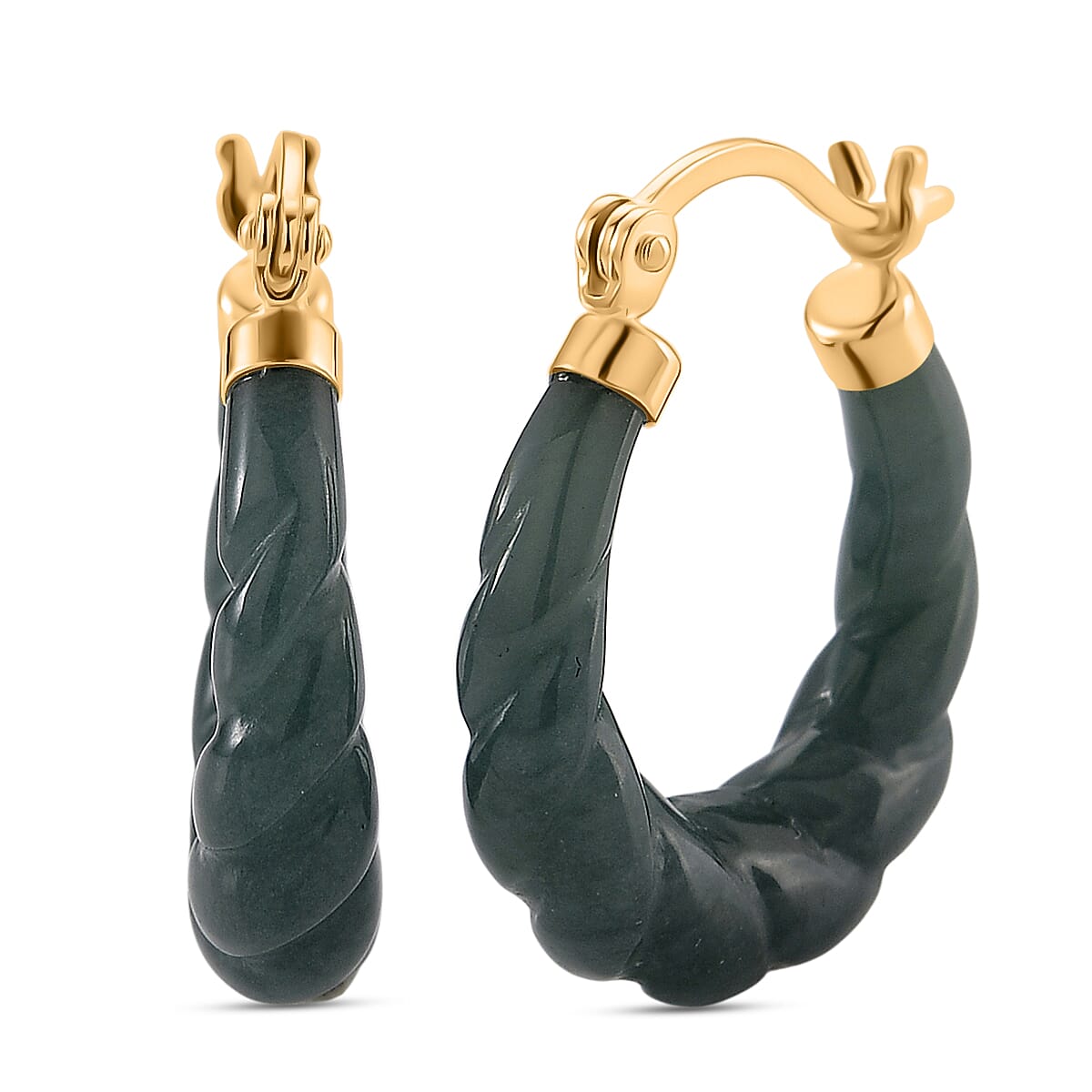 D'Joy Natural Type A Jadeite Hoop Earring in Yellow Gold Plated Sterling Silver 20.00 Ct.