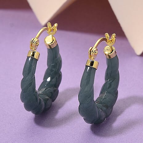 D'Joy Natural Type A Jadeite Hoop Earring in Yellow Gold Plated Sterling Silver 20.00 Ct.