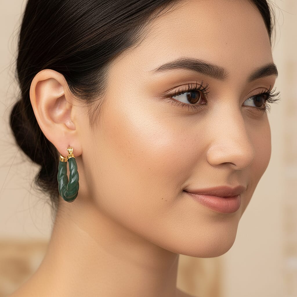 D'Joy Natural Type A Jadeite Hoop Earring in Yellow Gold Plated Sterling Silver 20.00 Ct.