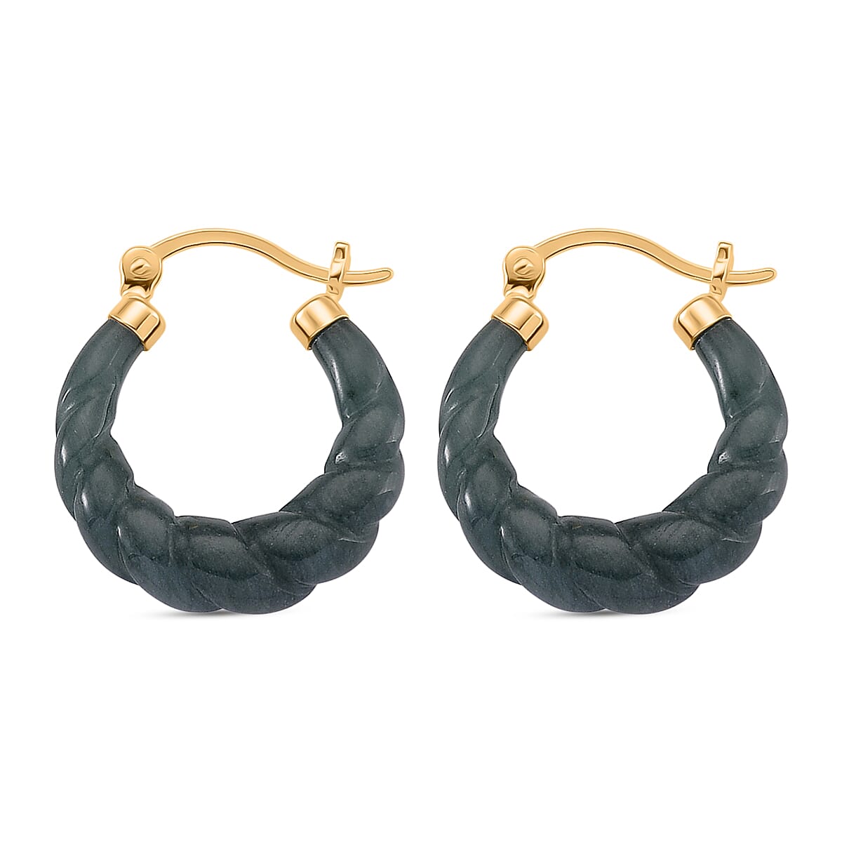D'Joy Natural Type A Jadeite Hoop Earring in Yellow Gold Plated Sterling Silver 20.00 Ct.