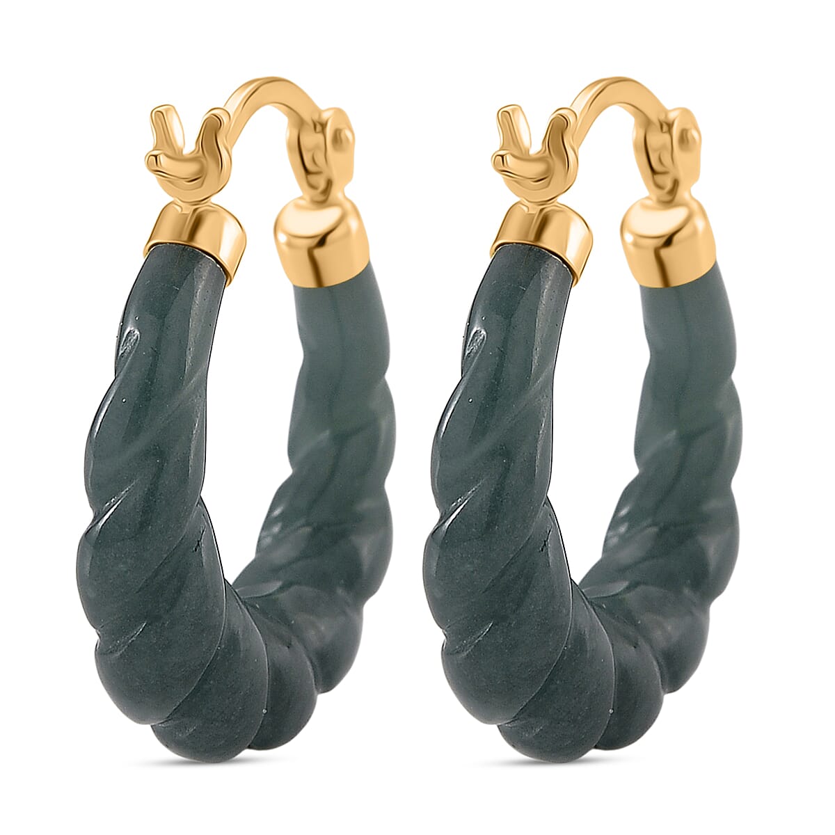 D'Joy Natural Type A Jadeite Hoop Earring in Yellow Gold Plated Sterling Silver 20.00 Ct.