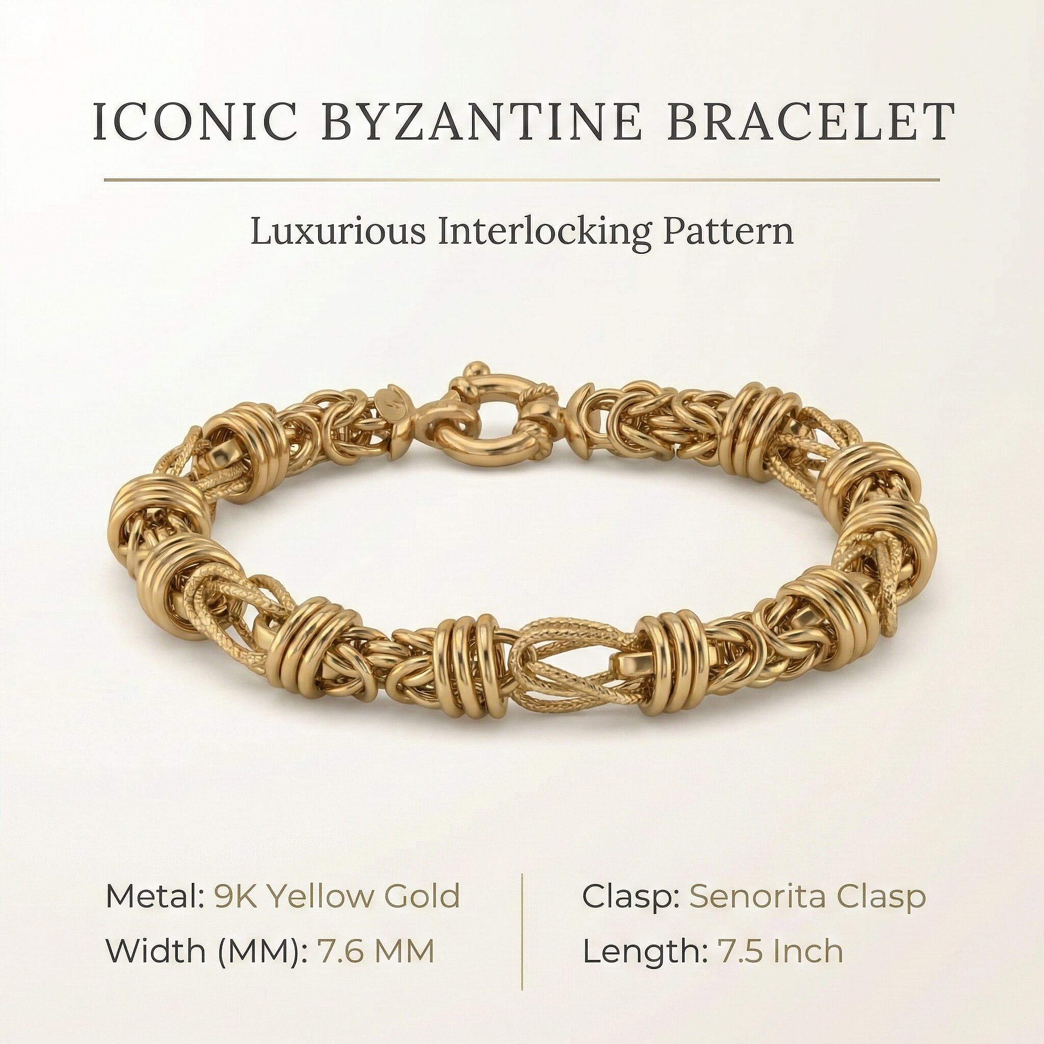 Close Out Deal - 9K Yellow Gold Byzantine Bracelet (Size 7.50) with Senorita Clasp, Gold Wt. 8.20 Gms.