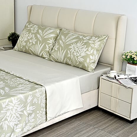 Livemore Set of 4- Reversible King Size Printed Bedding Sheet Set - inc. Deep Fitted Sheet, Duvet Cover & 2 x Pillowcases (225 x 220 cm)  - Green