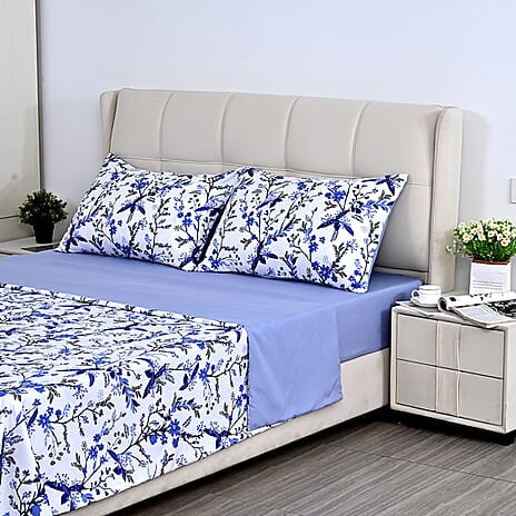 Livemore Set of 4- Reversible Printed Bedding Sheet Set - inc. Deep Fitted Sheet, Duvet Cover & 2 x Pillowcases (Double, 200 x 200 cm) - Blue