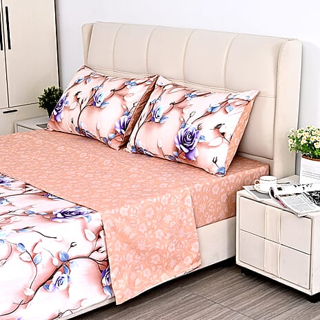 Livemore Set of 4- Reversible Printed Bedding Sheet Set - inc. Deep Fitted Sheet, Duvet Cover & 2 x Pillowcases (Double, 200 x 200 cm) - Brown
