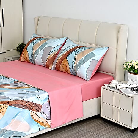 Livemore Set of 4- Reversible Geometric King Size Bedding Sheet Set - inc. Deep Fitted Sheet, Duvet Cover & 2 x Pillowcases (225 x 220 cm) - Pink