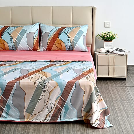 Livemore Set of 4- Reversible Geometric King Size Bedding Sheet Set - inc. Deep Fitted Sheet, Duvet Cover & 2 x Pillowcases (225 x 220 cm) - Pink