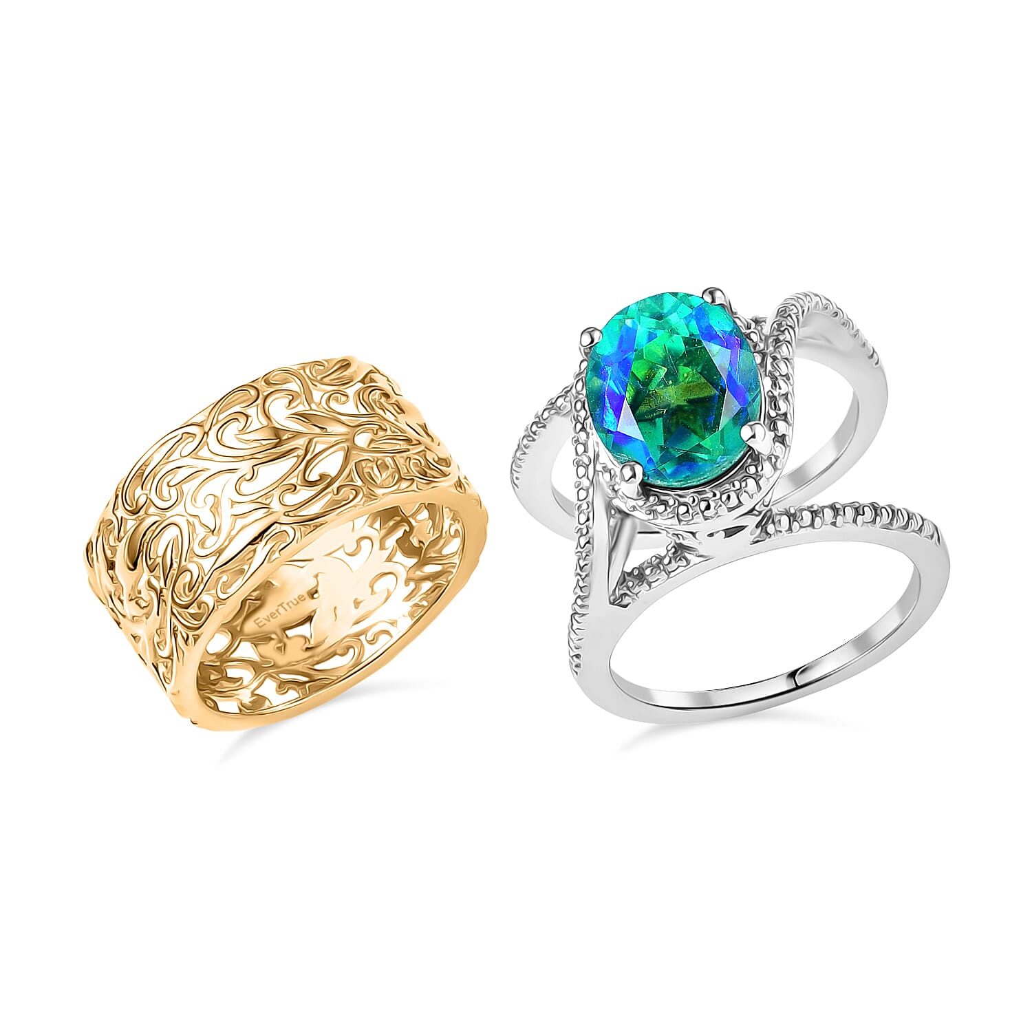 EverTrue Peacock Triplet Quartz Set of 2 Rings in Platinum Overlay & Gold Two Tone 3.84 Ct.