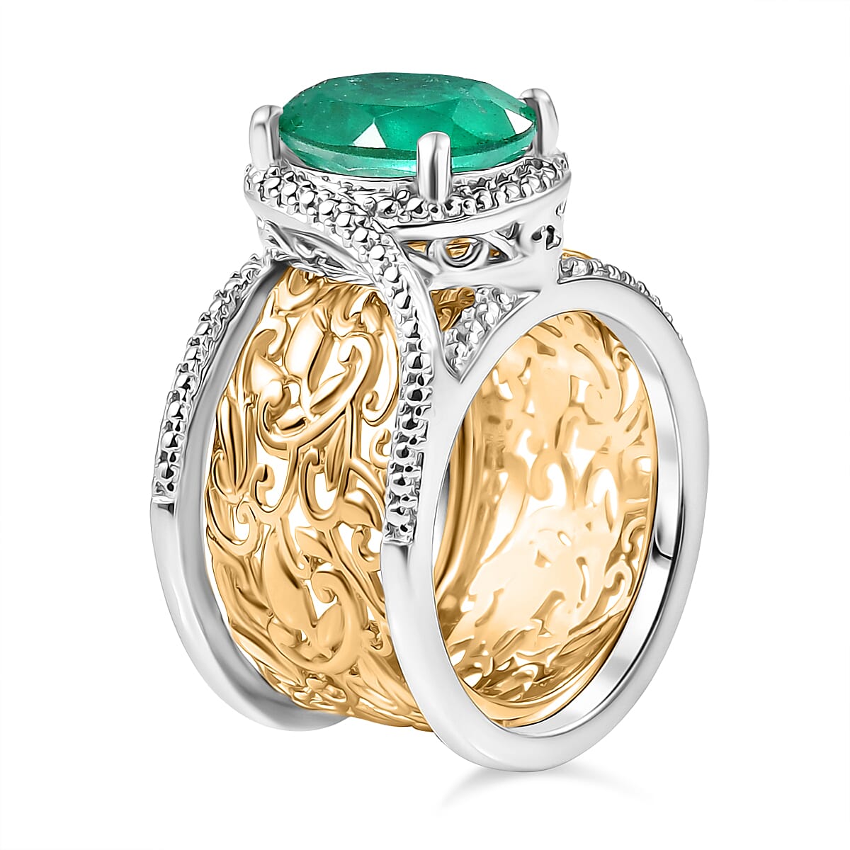 EverTrue Set of 2 Emeraldine Triplet Quartz Solitaire Rings in Platinum Overlay & Yellow Two Tone 4.11 Ct.