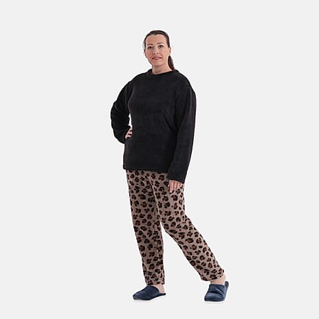Styled By Cozy Leopard Print Pyjama and Top Loungewear Set (Size - S-M) - Black