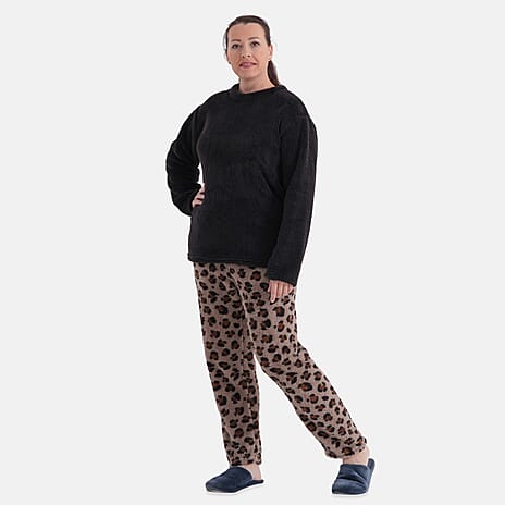 Styled By Cozy Leopard Print Pajama and Top Loungewear Set (Size - L-XL) - Black