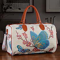 Life Style Butterfly Print Duffel Bag with Shoulder Strap - Beige & Blue