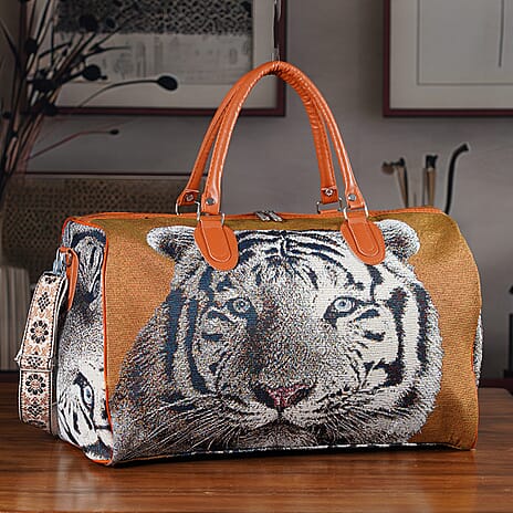 Life Style Tiger Print Duffel Bag with Shoulder Strap - Brown