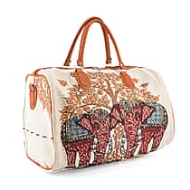 Life Style Elephant Print Duffel Bag with Shoulder Strap - Beige & Red