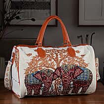 Life Style Elephant Print Duffel Bag with Shoulder Strap - Beige & Red