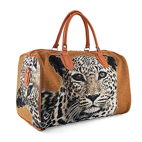 Life Style Leopard Print Duffel Bag with Shoulder Strap - Brown