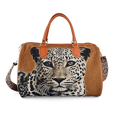 Life Style Leopard Print Duffel Bag with Shoulder Strap - Brown