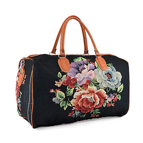 Life Style Flower Print Duffel Bag with Shoulder Strap - Black & Multi