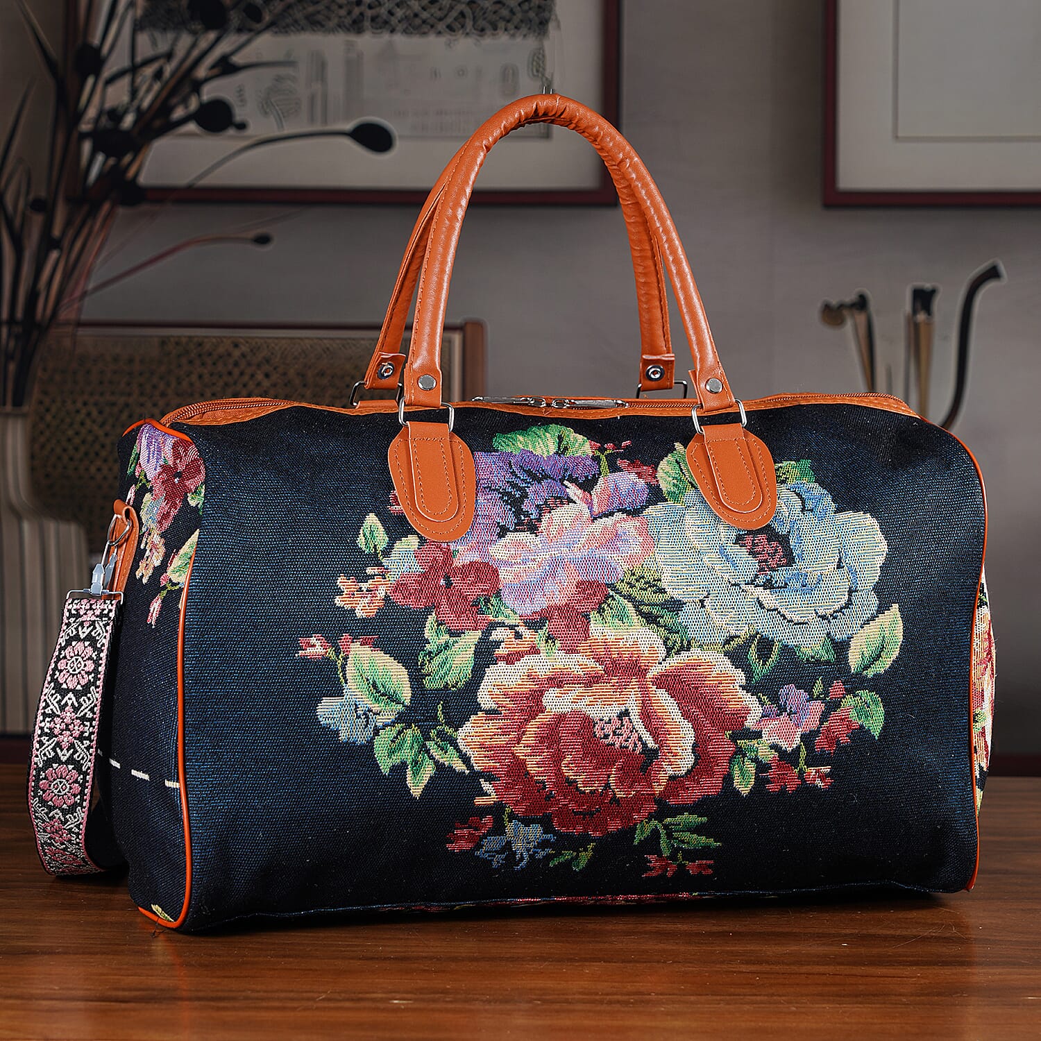 Floral Travel Bag (Size 45x23x27 cm) - Black Multi