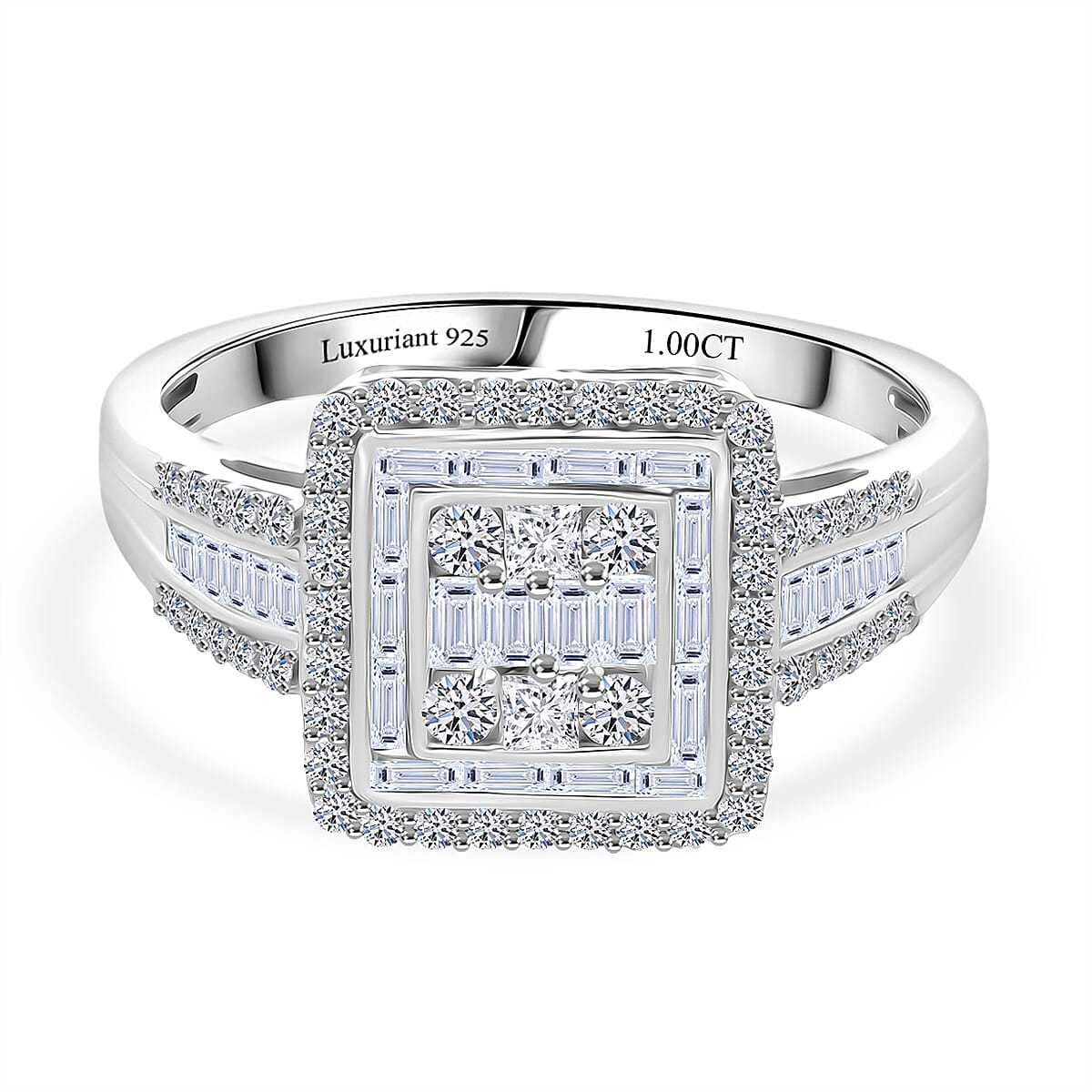 LUXURIANT 1 Ct. Lab Grown Diamond Cluster Ring in Rhodium Overlay Sterling Silver