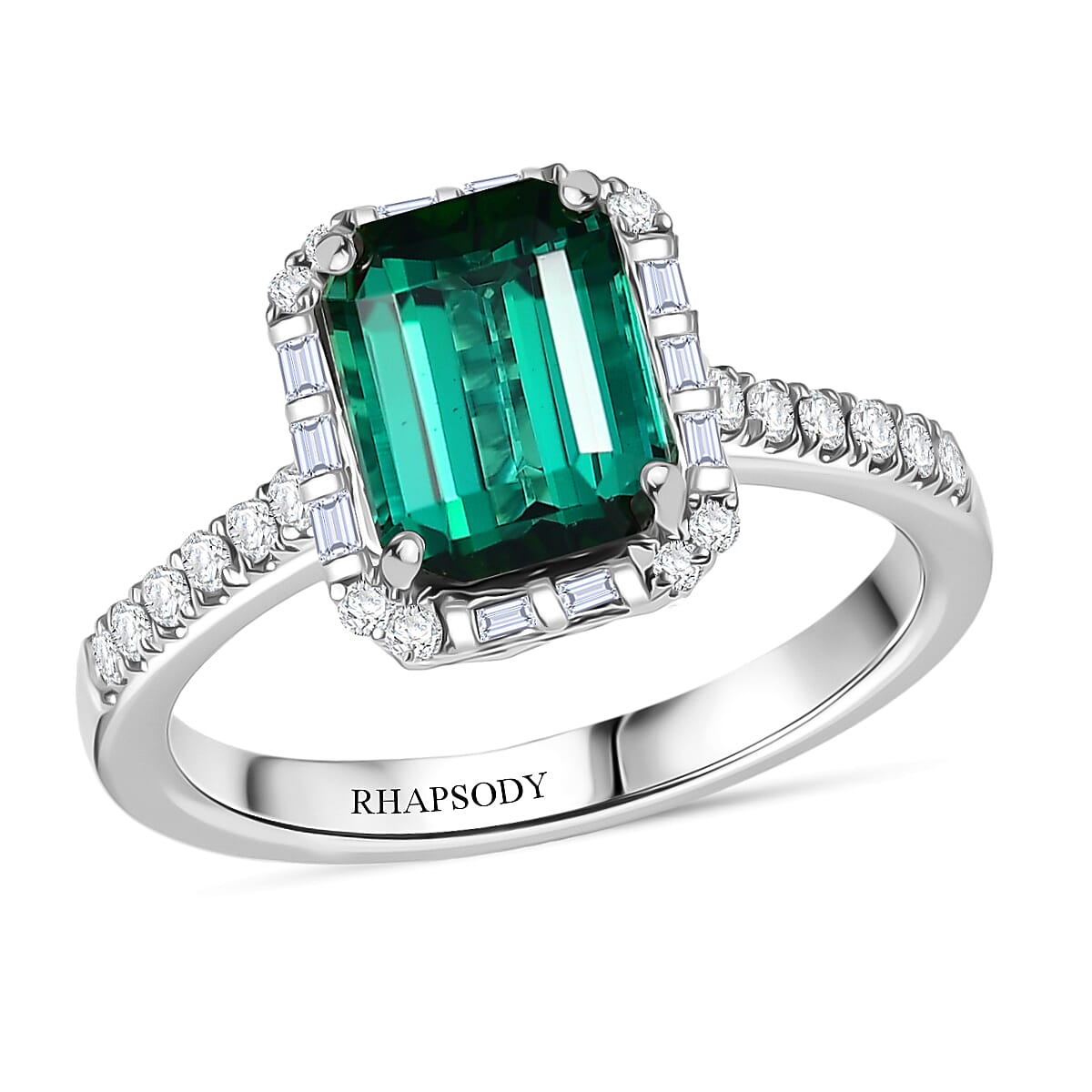 Rhapsody 950 Platinum AGI Certified & Appraised AAAA Lagoon Tourmaline, Natural White Diamond Halo Ring 3.00 Ct.