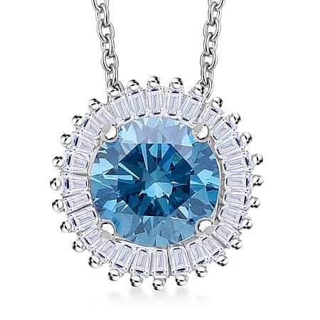 LUXURIANT 1 Ct. Lab Grown Blue Diamond Halo Pendant in Rhodium Overlay Sterling Silver