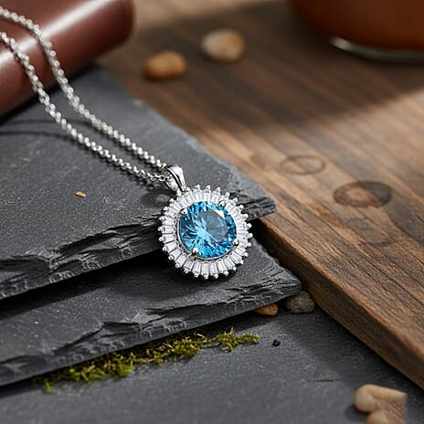 Luxuriant Lab Grown Blue Diamond & Lab Grown Diamond (SI) Pendant in Rhodium Overlay Sterling Silver 1.15 Ct.