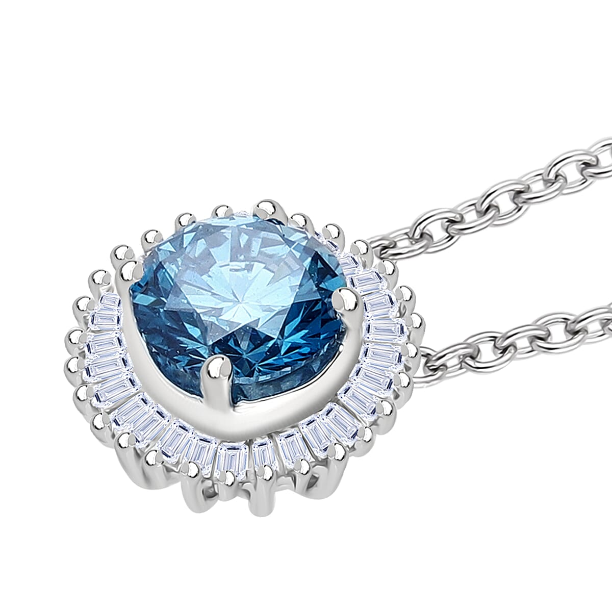 Luxuriant Lab Grown Blue Diamond & Lab Grown Diamond (SI-GH) Pendant in Rhodium Overlay Sterling Silver 1.15 Ct.