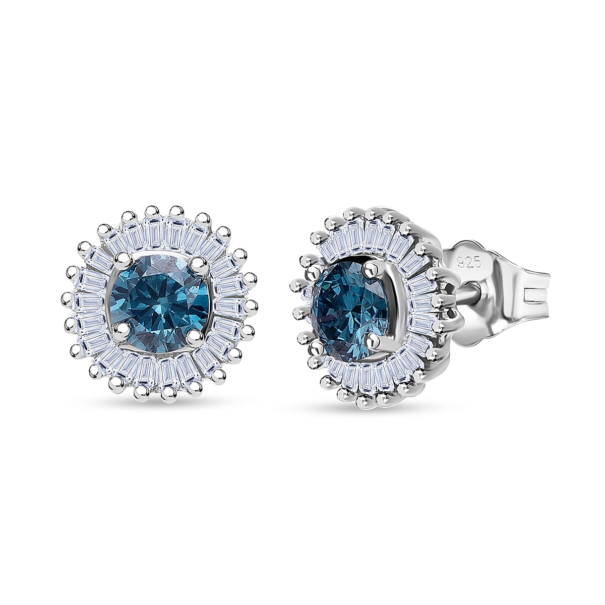 Luxuriant Lab Grown Blue Diamond & Lab Grown Diamond (SI-GH) Earring in Rhodium Overlay Sterling Silver 1.30 Ct.