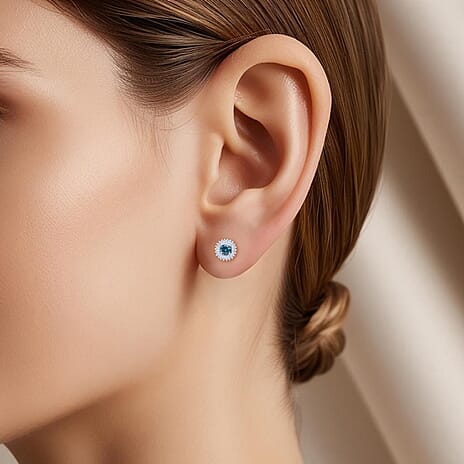 Luxuriant Lab Grown Blue Diamond & Lab Grown Diamond (SI-GH) Earring in Rhodium Overlay Sterling Silver 1.30 Ct.